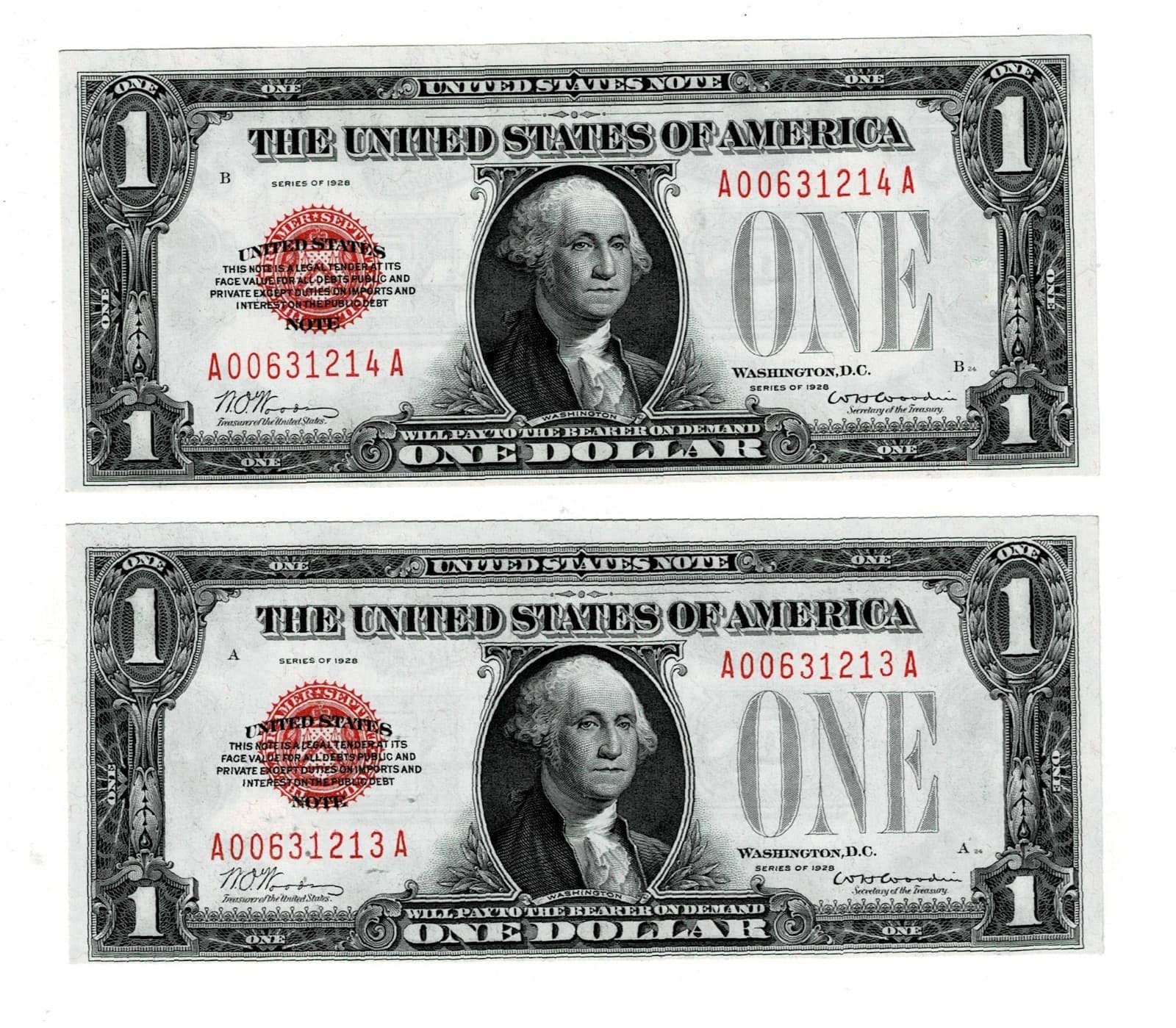 Sequential 1928 $1 Red Seal Legal Tender Note FR.1500 Consecutive Pair