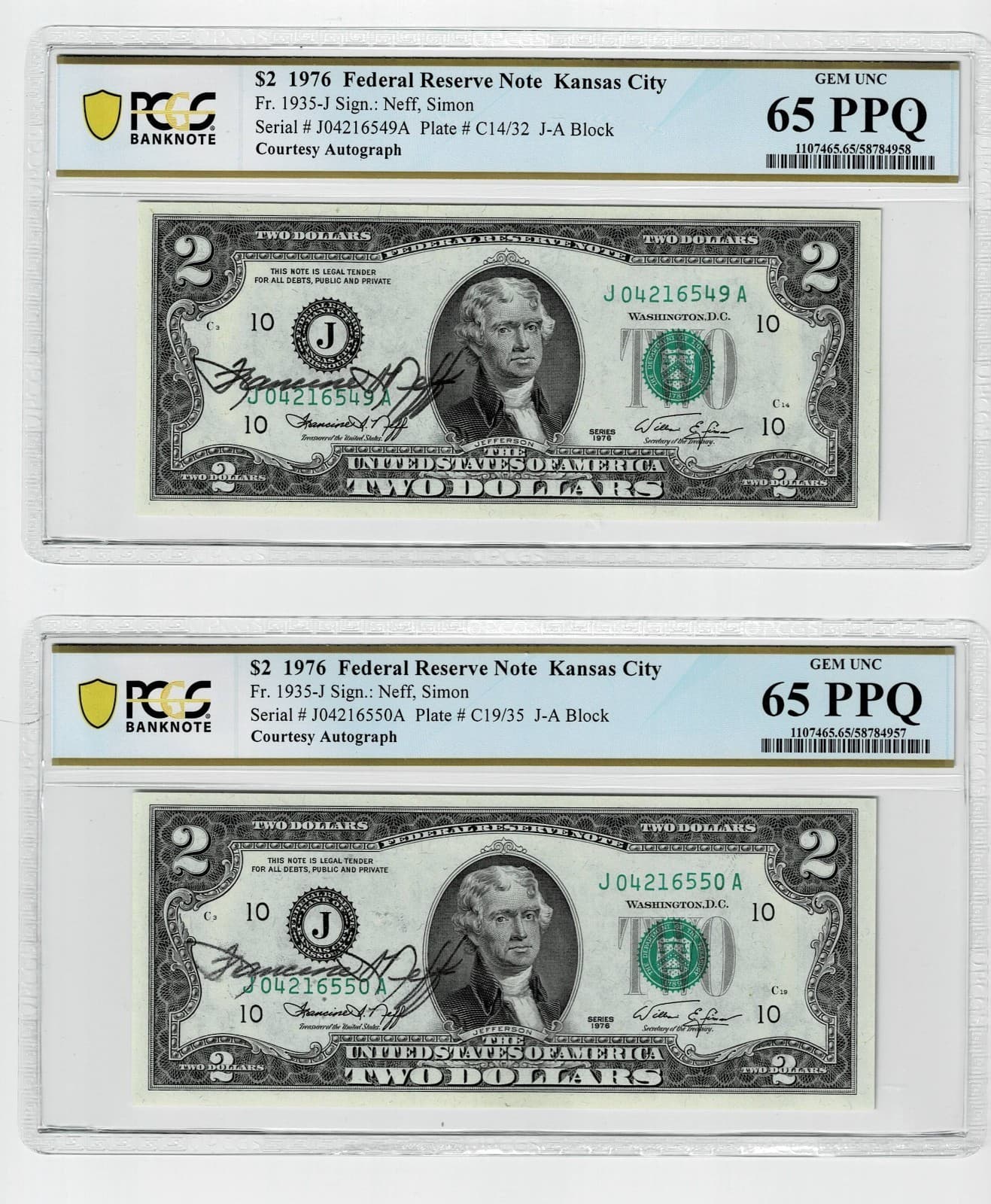Consecutive 1976 $2 Courtesy Autograph Kansas Fr 1935-J Federal Reserve Note