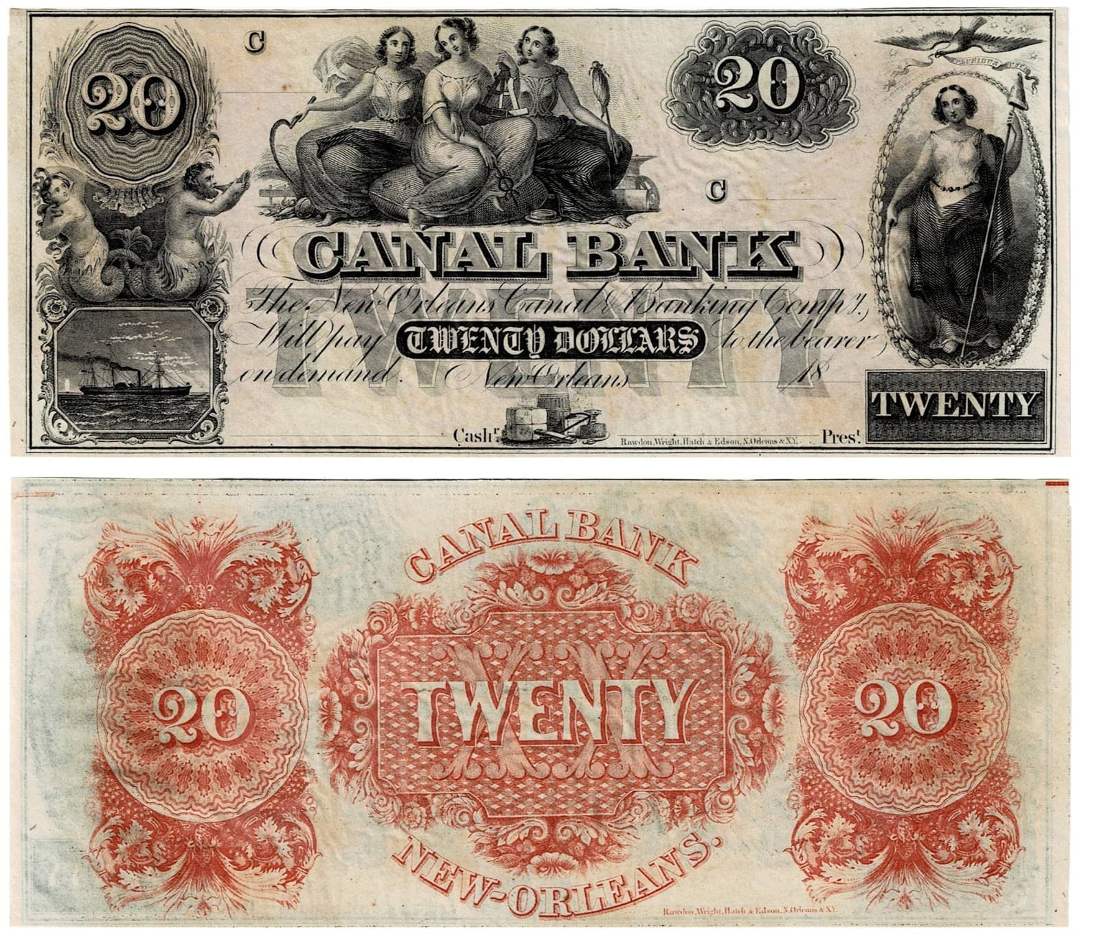 1850s $20 Canal Bank New Orleans Louisiana Obsolete Note — view 1