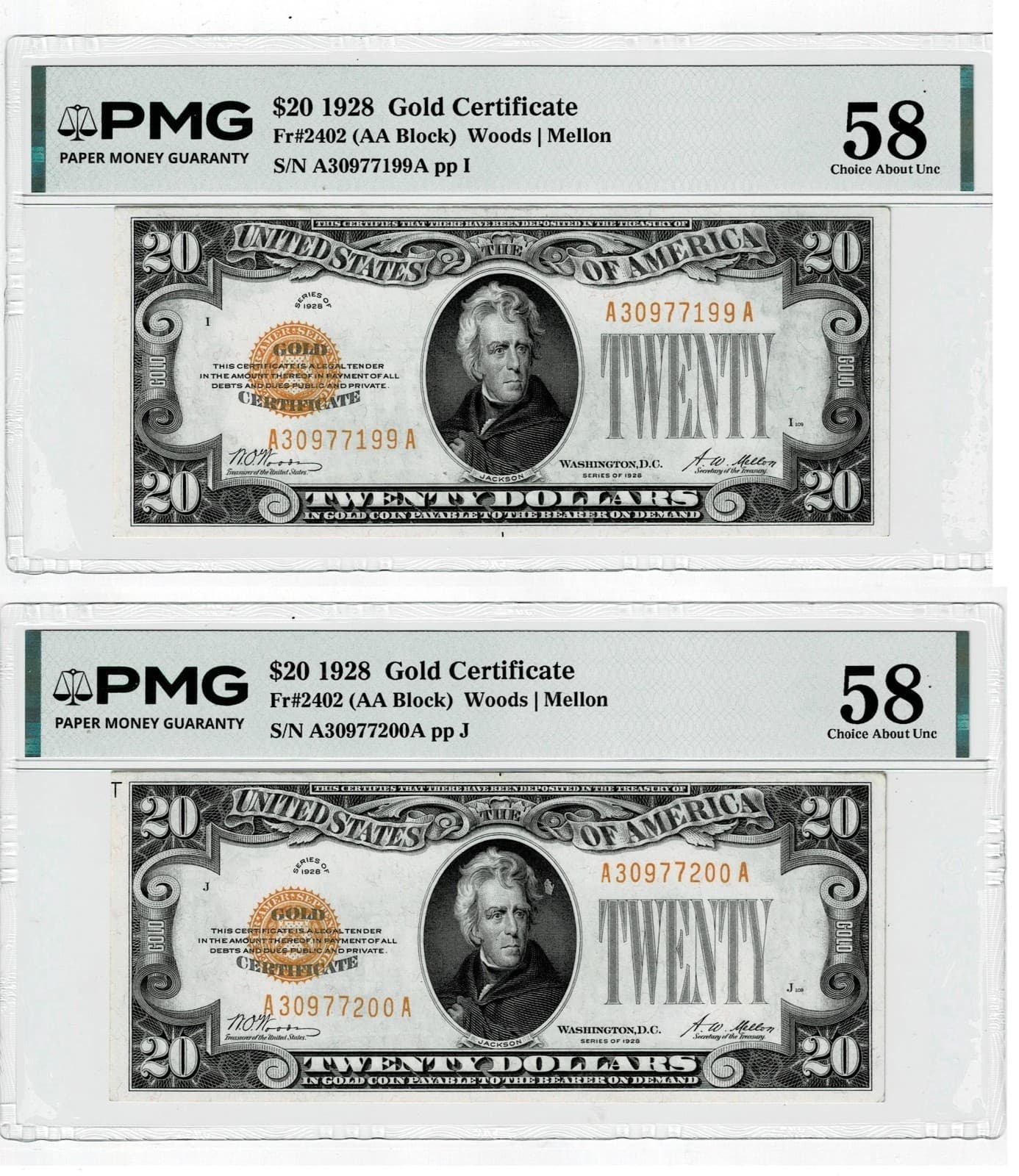 Consecutive Gold Certificates $20 Fr. 2402 PMG Super Rare