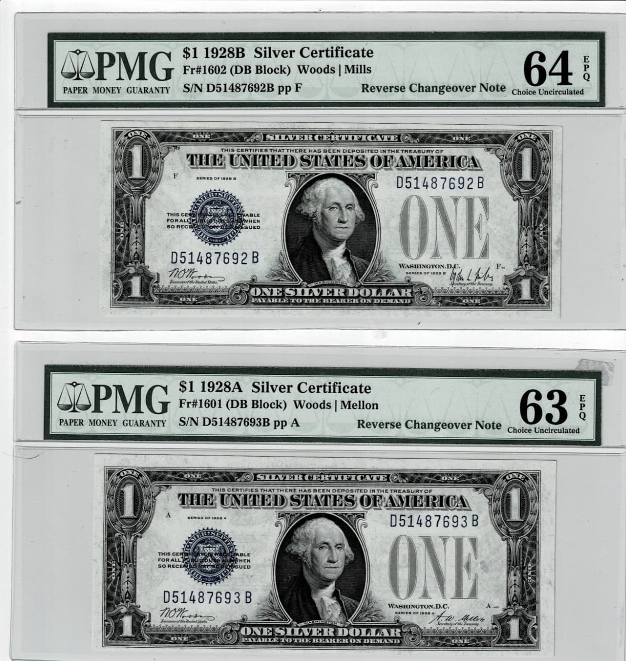 1928A 1928B $1 Silver CertificatePMG 63/64EPQ changeover pair Fr 1601 Fr 1602 view 2