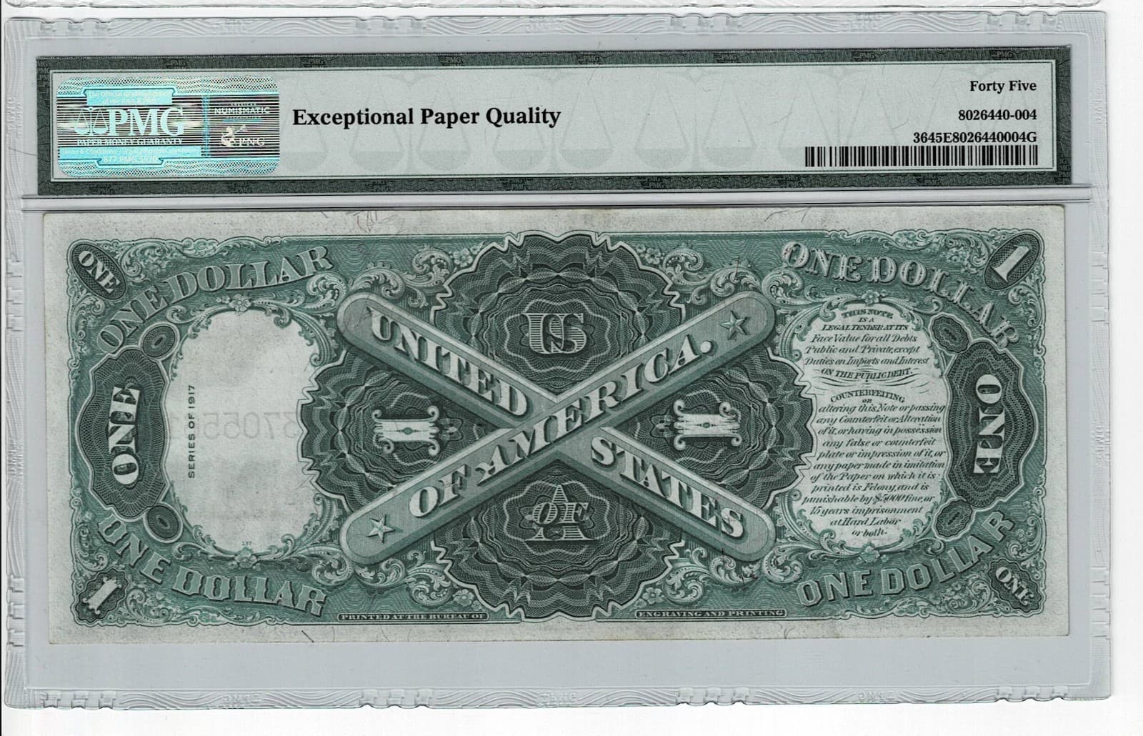 US $1 1917 Legal Tender Teehee/Burke FR 36 PMG 45 EPQ Ch XF view 2
