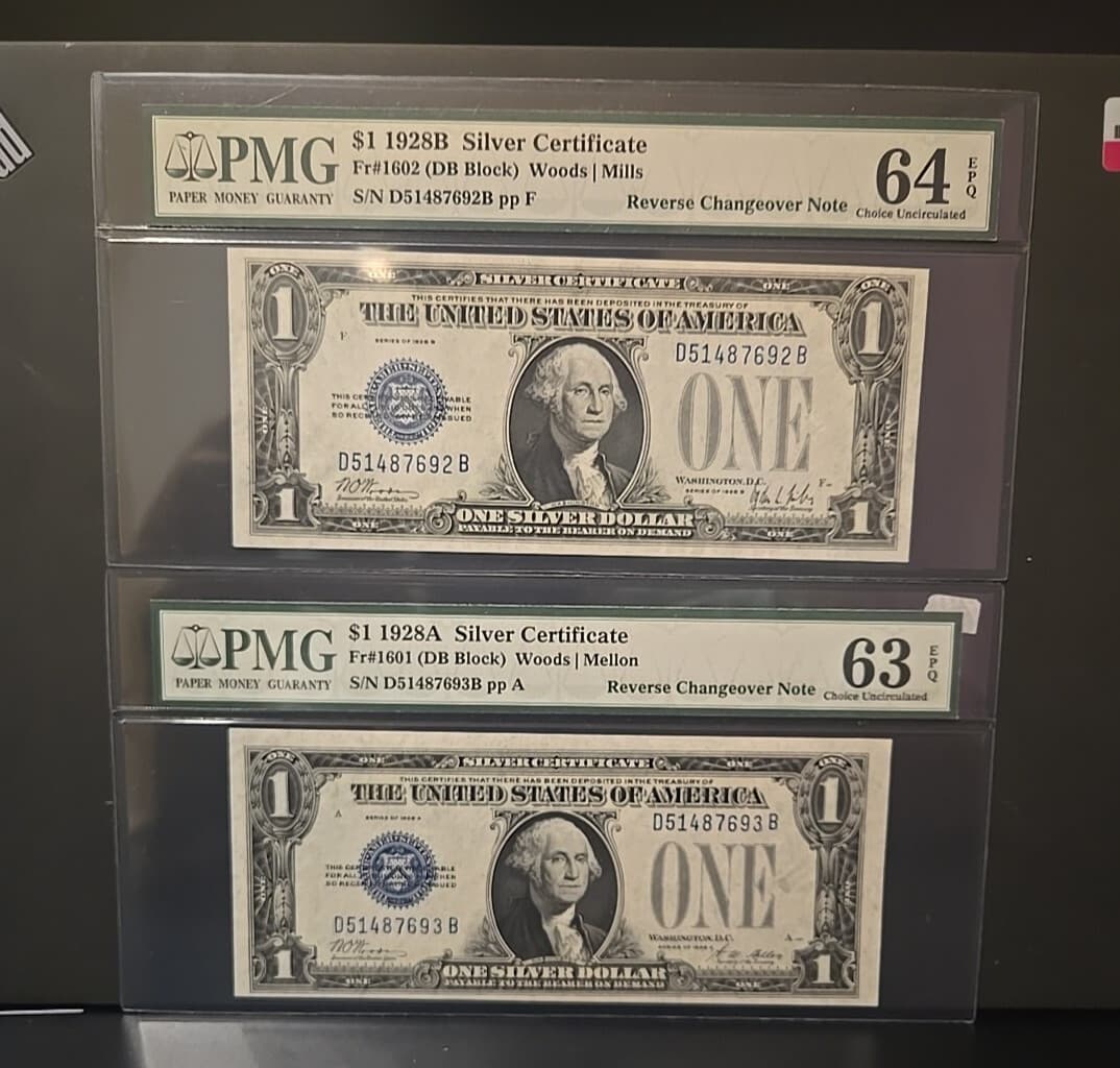 1928A 1928B $1 Silver CertificatePMG 63/64EPQ changeover pair Fr 1601 Fr 1602 view 4