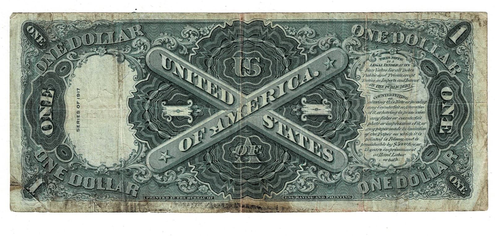 Part of History: 1917 $1 Legal Tender Note LARGE SIZE NOTE view 2