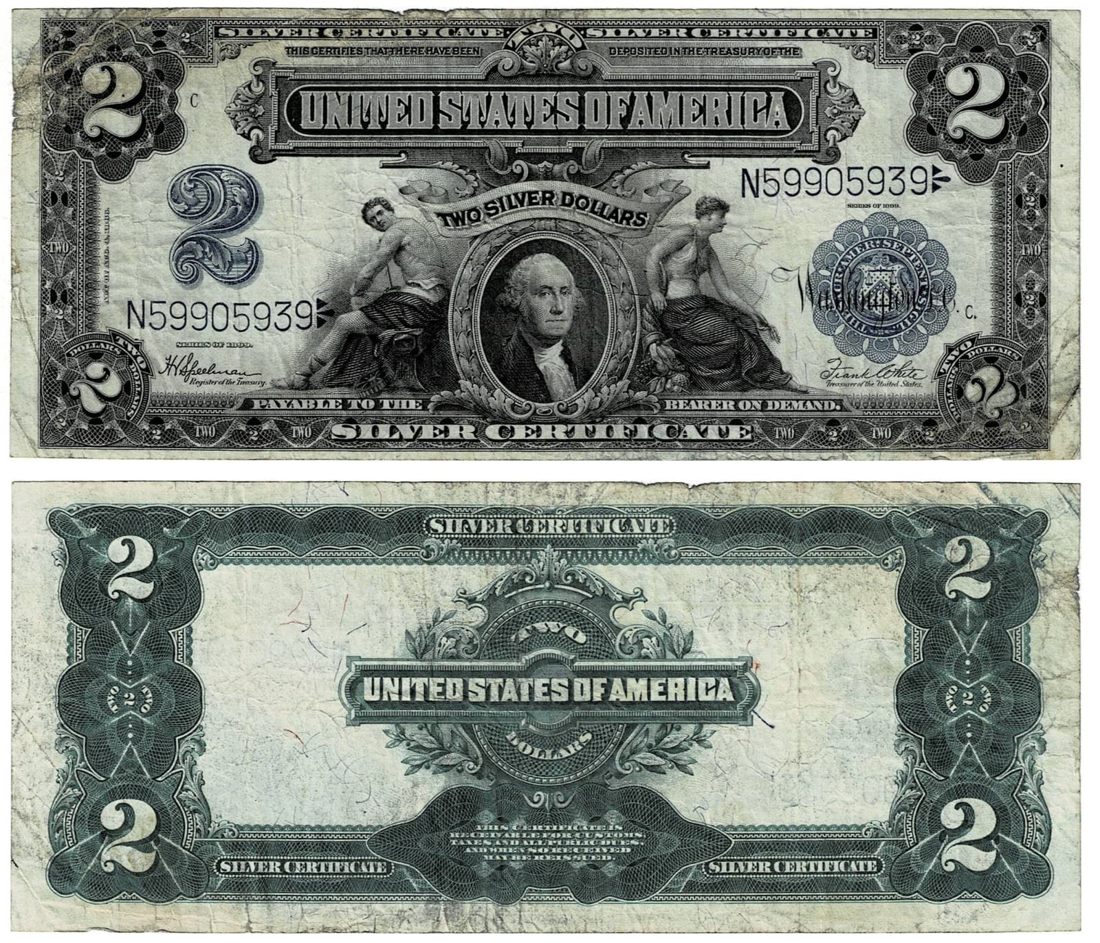 1899 $2 Silver Certificate Mini Porthole Circulated — view 1