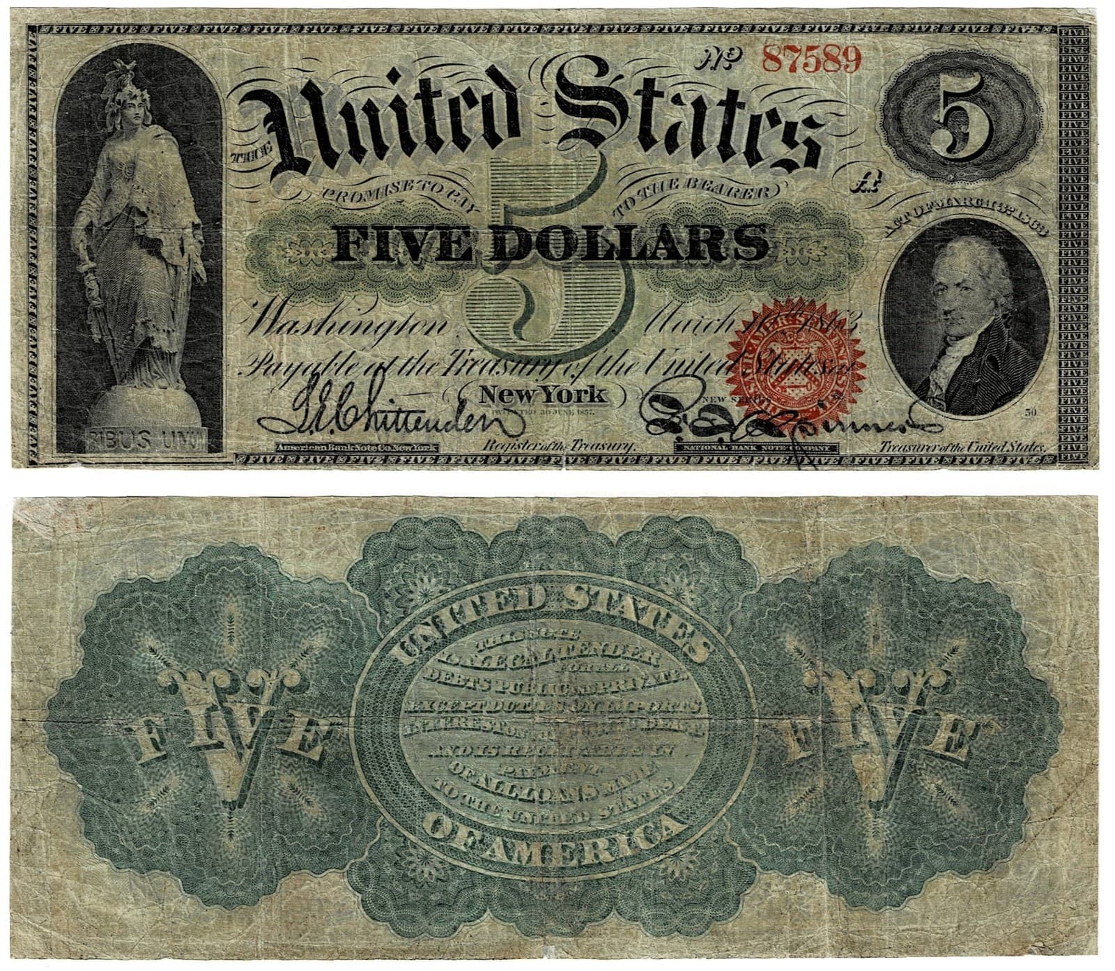 1862 $5 LEGAL TENDER  ALEXANDER HAMILTON — view 1