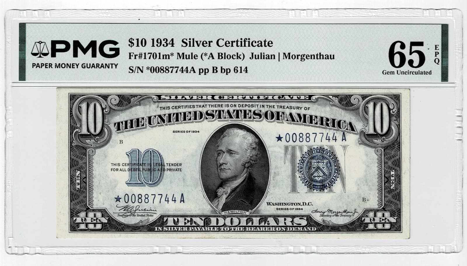 1934 $10 MULE STAR SILVER CERTIFICATE  FR. 1701m* PMG GEM UNCIRCULATED-65EPQ