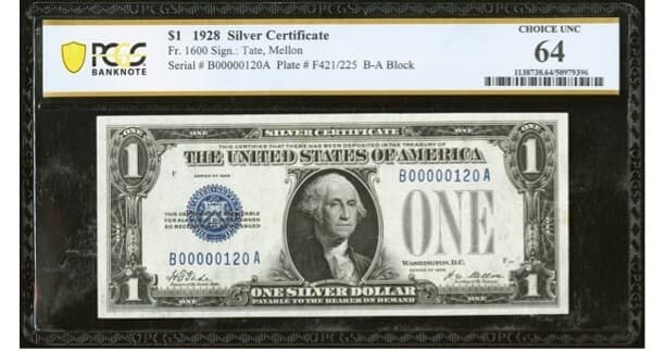 Low Serial 120 Funny Back 1928  $1 Silver Certificate UNC PCGS 64 view 2