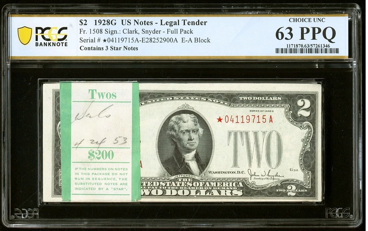 Super Rare Original Pack of 100 1928G $2  Fr. 1508 Legal Tenders PCGS Choice Unc