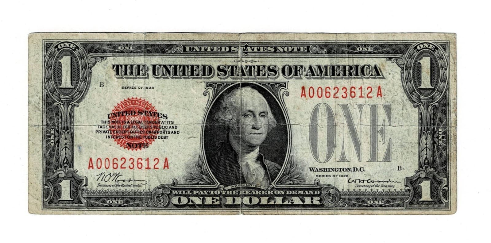 Series 1928 $1 United States Note Fr 1500 Red Seal Funny back