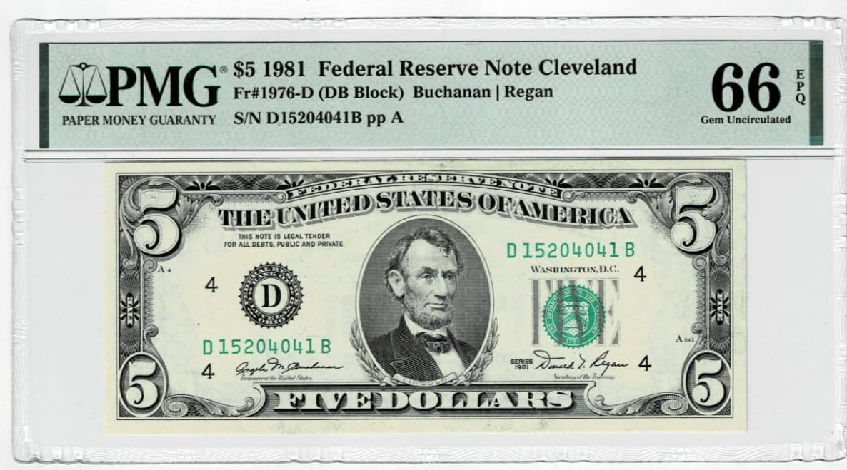 $5 1981 Federal Reserve Note Fr. 1976-D. PMG 66 EPQ