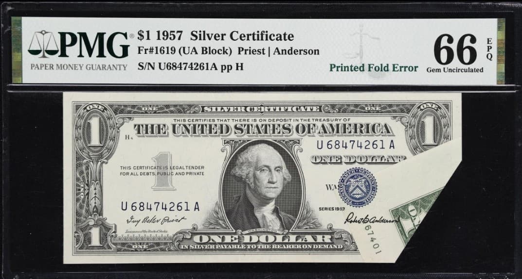 Error Fr. 1619 1957 $1 Silver Certificate PMG Gem 66 EPQ Printed Fold Error