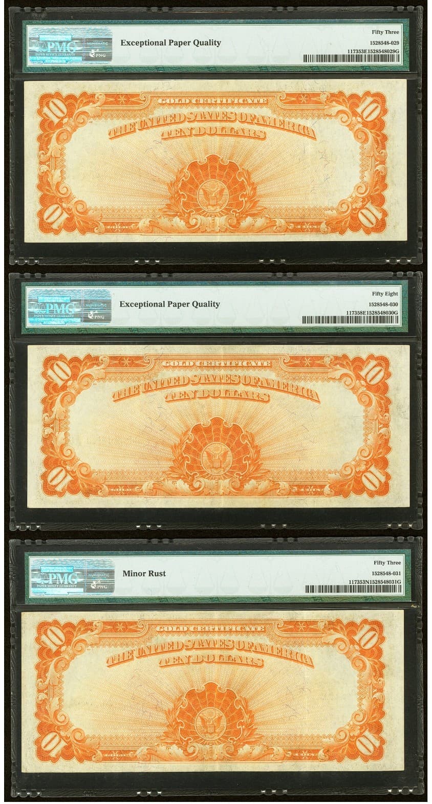 Consecutive Triplet  1922 $10 Gold Certificates FR#1173 PMG Almost Uncirculated view 2