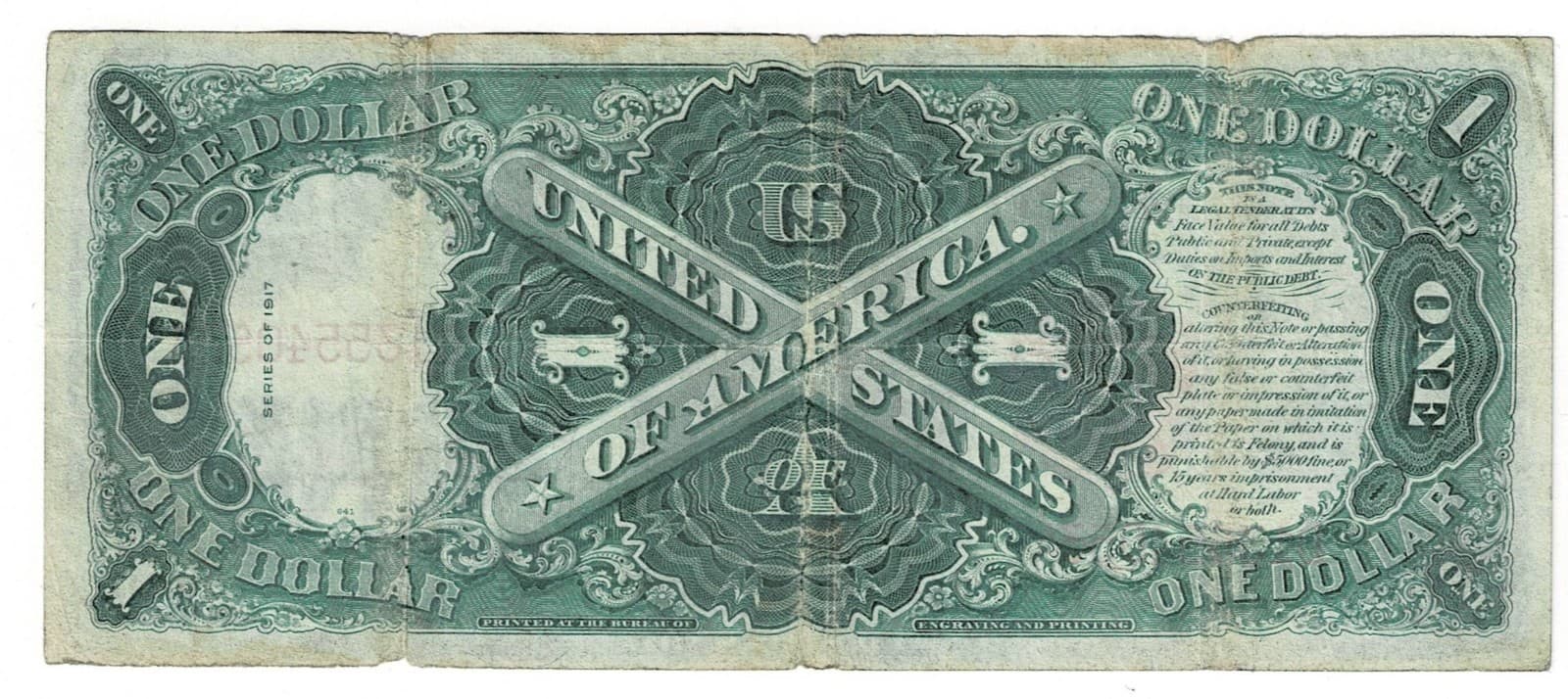 1917 $1 Legal Tender Note LARGE SIZE NOTE view 2