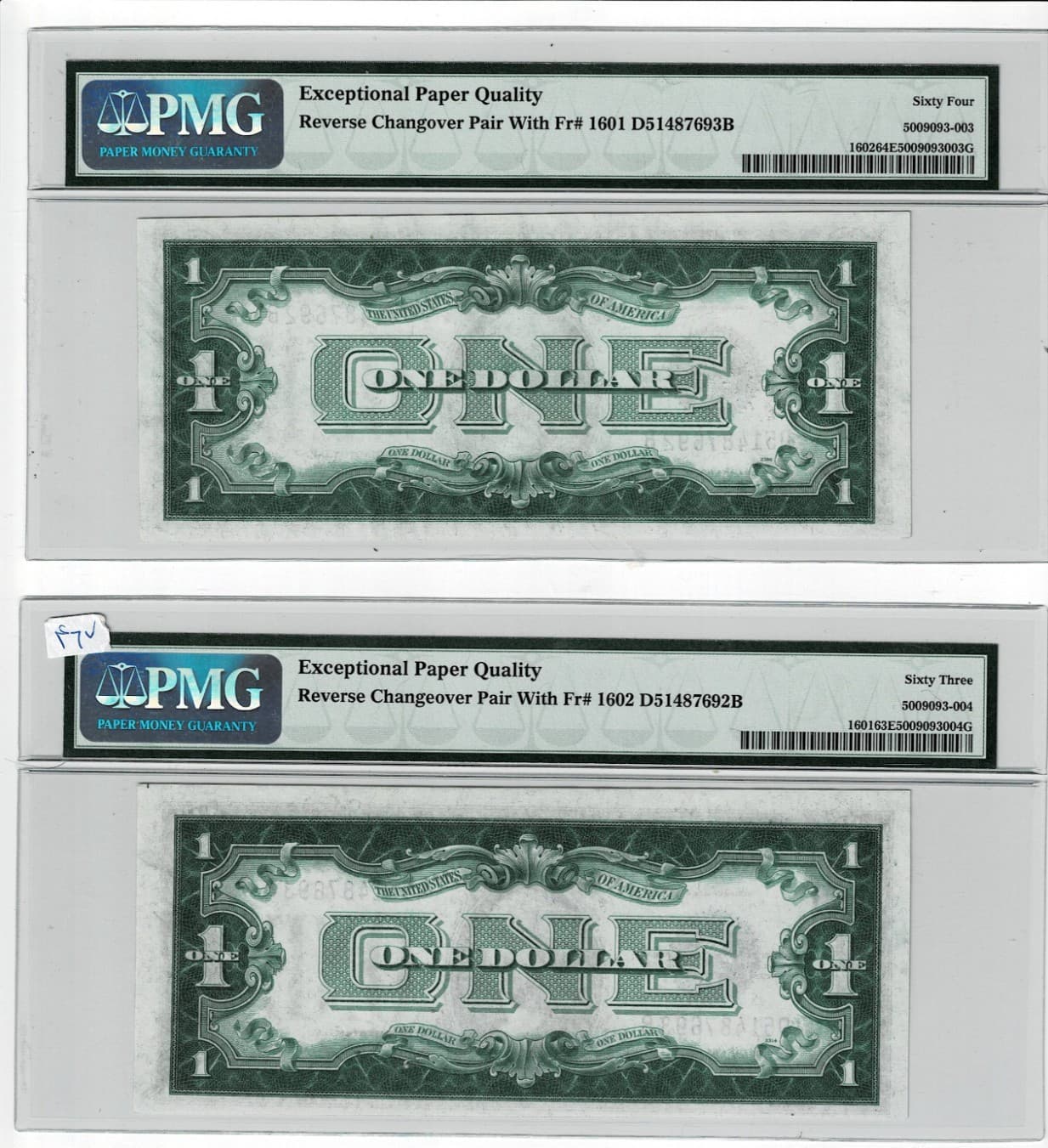 1928A 1928B $1 Silver CertificatePMG 63/64EPQ changeover pair Fr 1601 Fr 1602 view 3