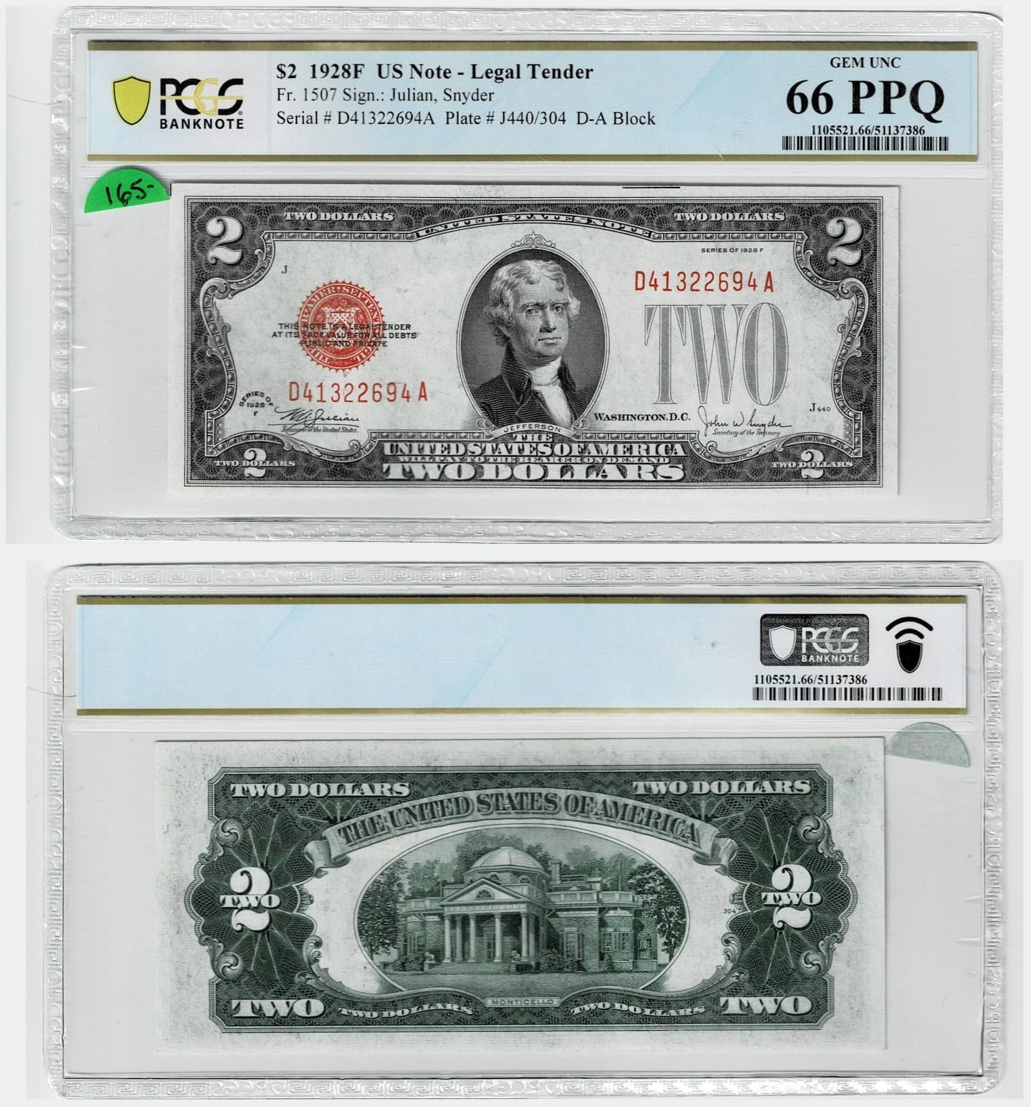 1928G  $2 US LEGAL TENDER PCGS GEM 66 UNC PPQ — view 1