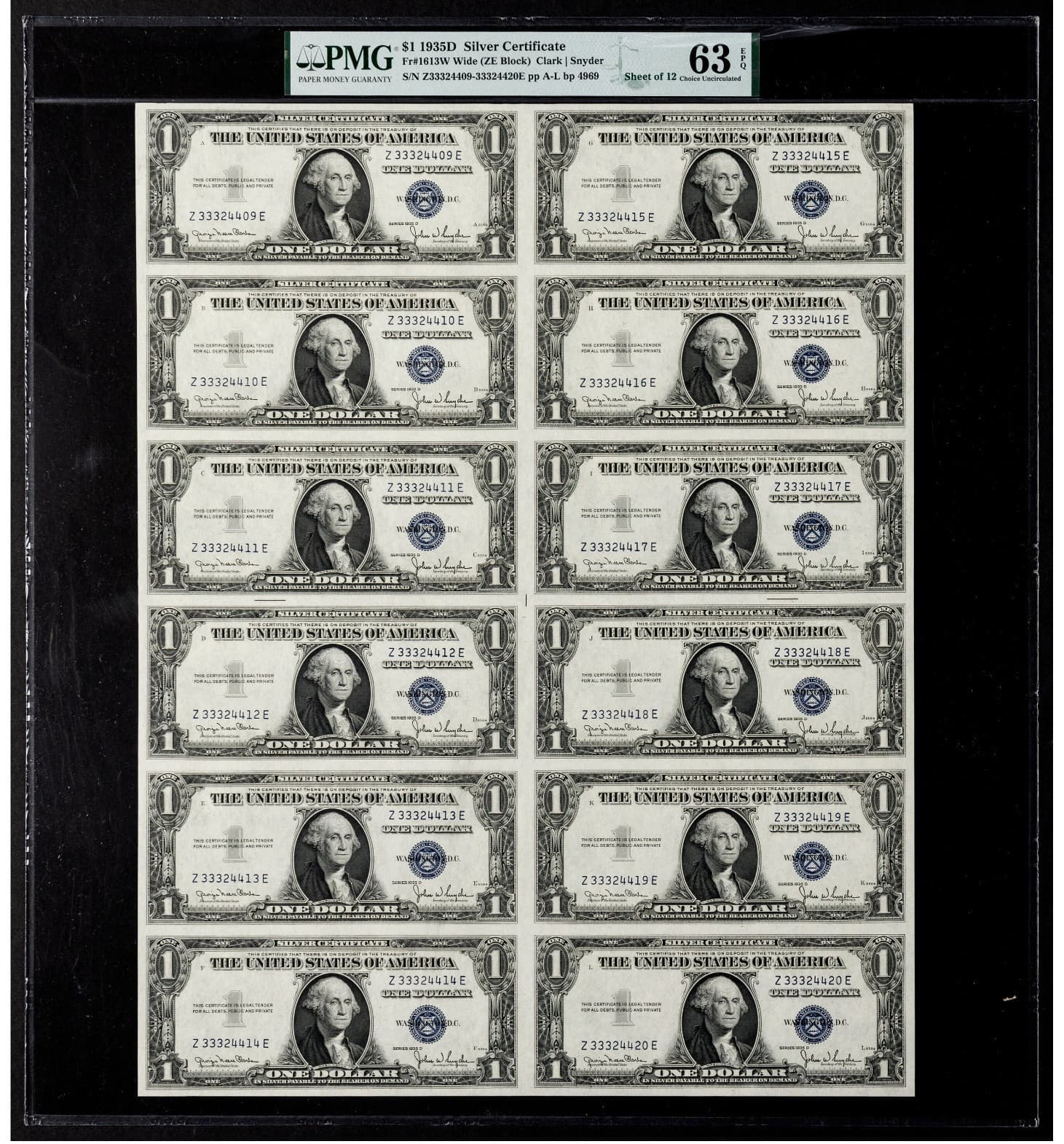 Uncut Sheet of 1935-D $1 Silver Certificates Fr. 1613W $1 PMG 63 Uncirculated