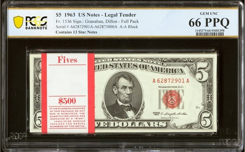 Fr. 1536 $5 1963 FRN's Full Pack of 100 Notes PCGS Gem Unc 66 PPQ 13 STARS 🌟 