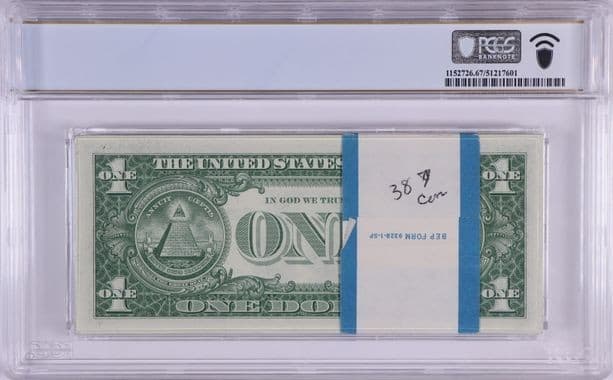 Superb Gem Pack 1957B $1 (100) Notes, 39 Stars, PCGS UNC 67 PPQ Fr. 1621 view 2