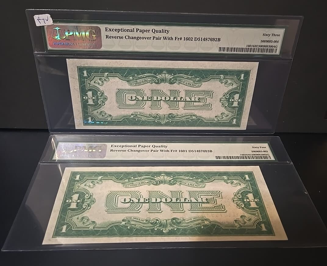 1928A 1928B $1 Silver CertificatePMG 63/64EPQ changeover pair Fr 1601 Fr 1602 view 5