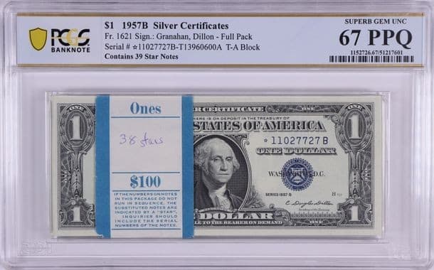 Superb Gem Pack 1957B $1 (100) Notes, 39 Stars, PCGS UNC 67 PPQ Fr. 1621