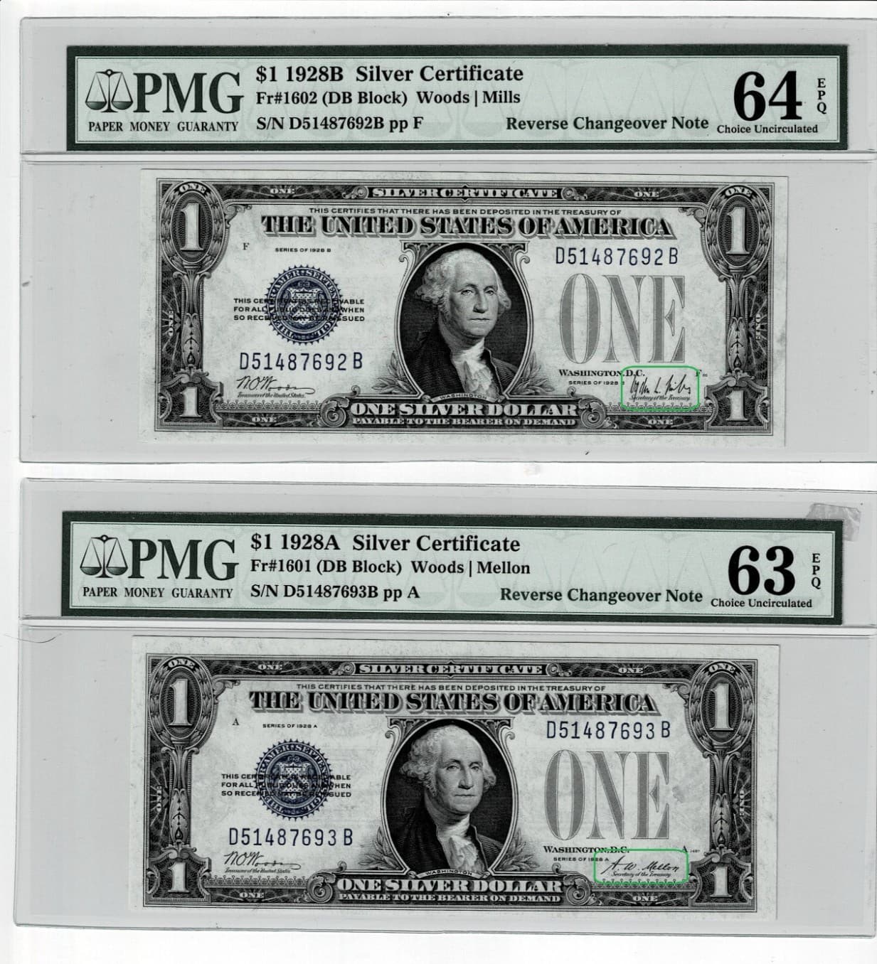 1928A 1928B $1 Silver CertificatePMG 63/64EPQ changeover pair Fr 1601 Fr 1602