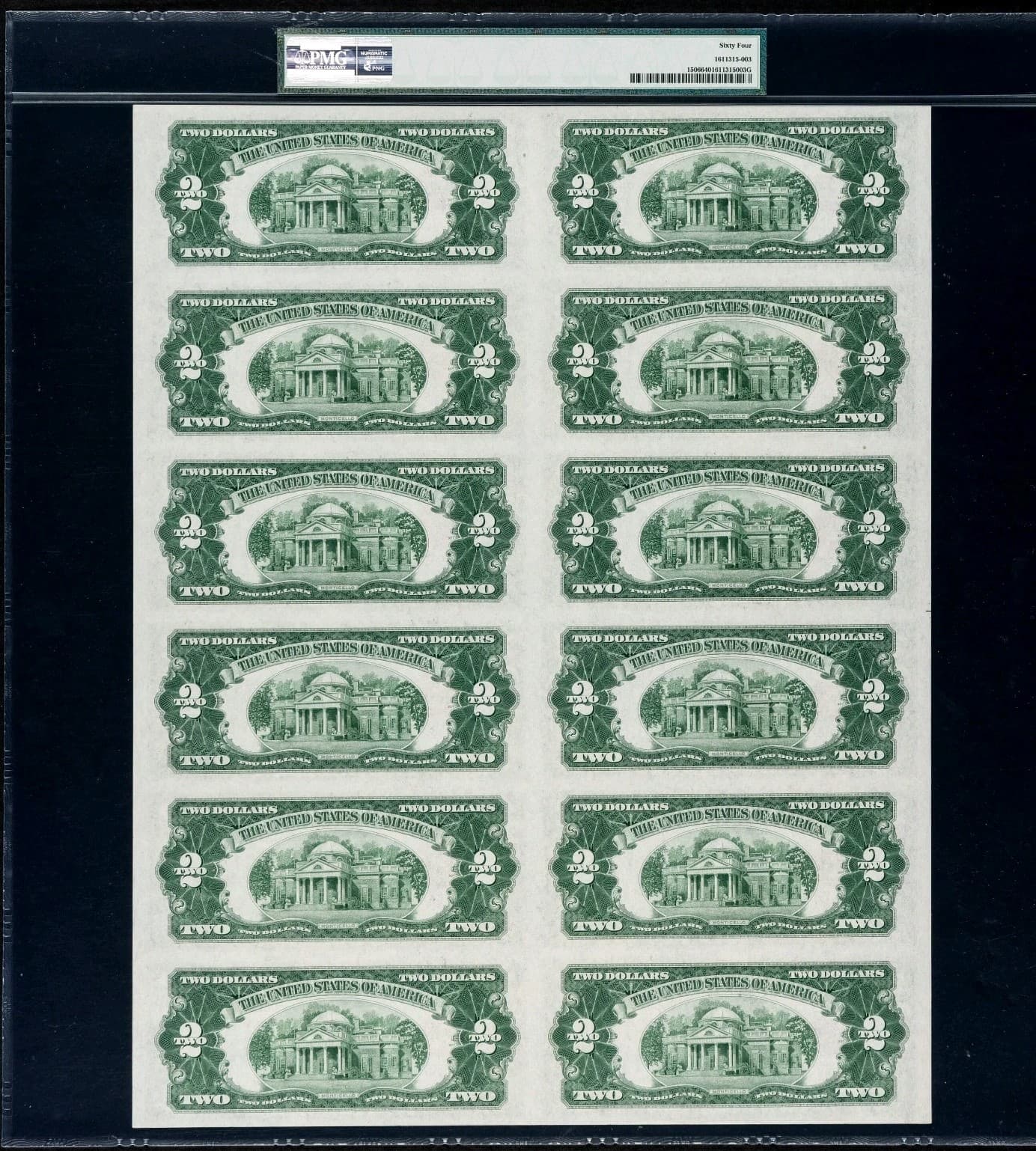 Fr. 1506 $2 1928E Legal Tender Notes. Uncut Sheet of Twelve. PMG Choice UNC view 2