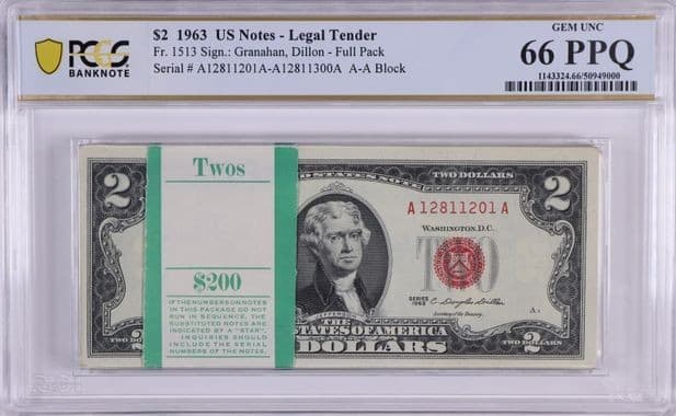 1963 $2 FULL Pack Fancy Serial (100) Sequential Repeater PCGS 66 Gem 💎 UNC