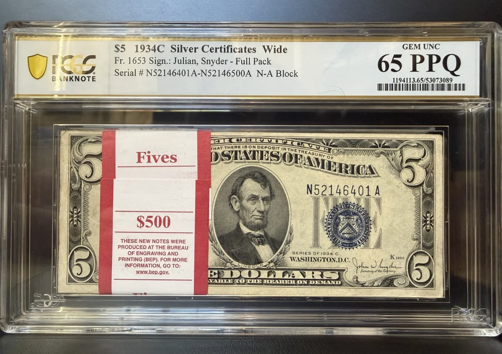 Extremely Rare 1934-C Pack of  100 Sequential $5 Silver Certificates GEM UNC — view 1
