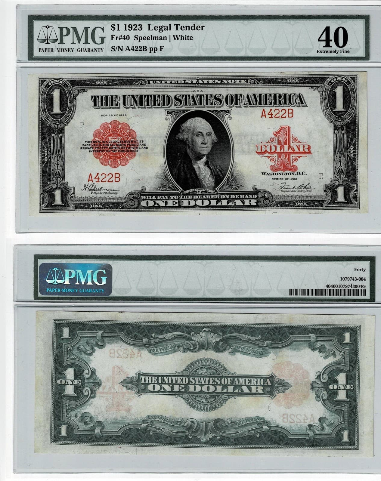 Low Serial  A422B  1923 $1 Legal Tender PMG 40 Extra Fine