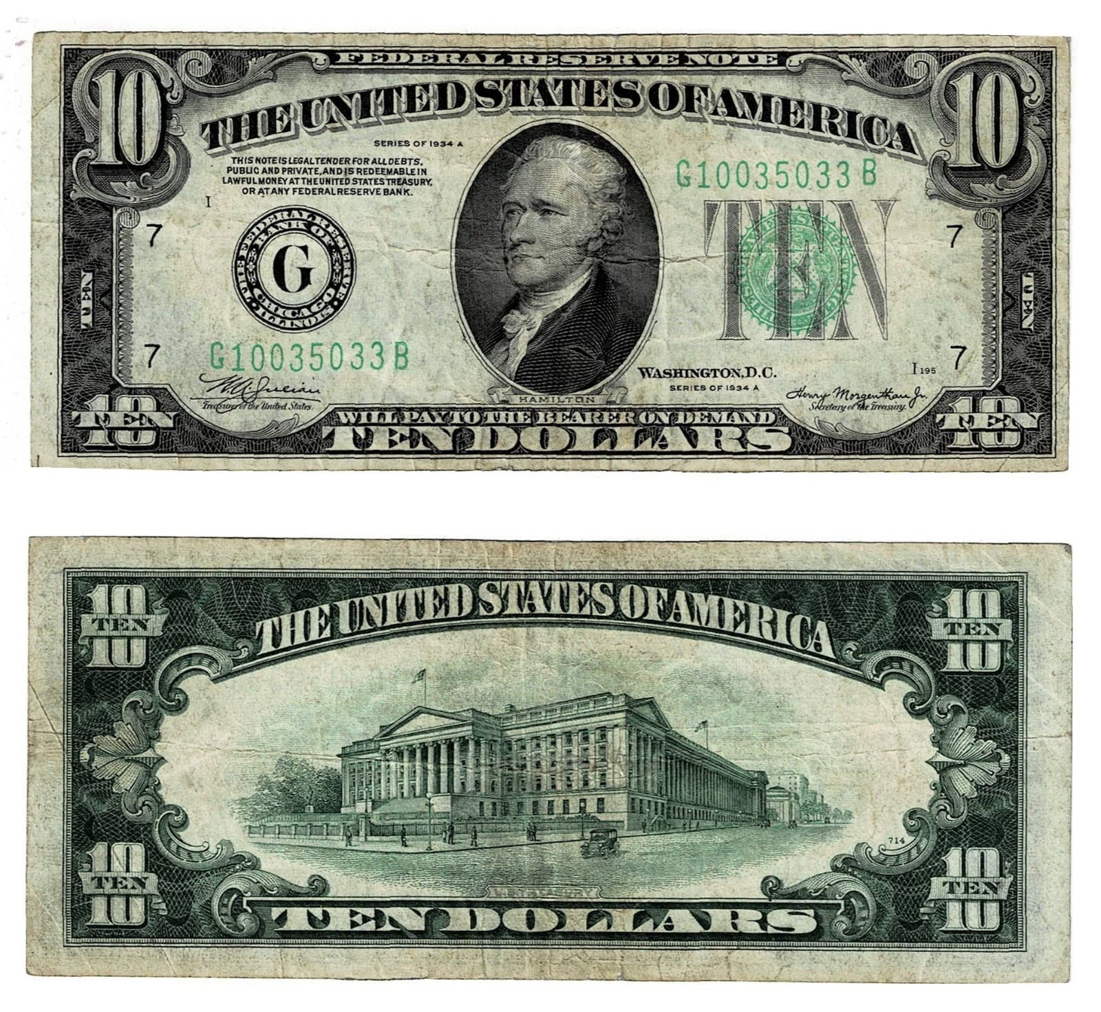 1934 A Chicago $10 Federal Reserve Note Bill Ten Dollar — view 1