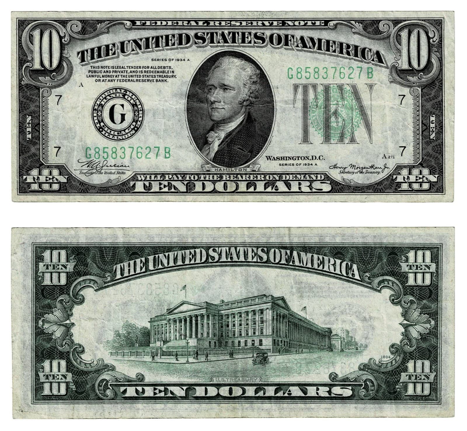 1934 A Chicago $10 Federal Reserve Note Bill Ten Dollar — view 1