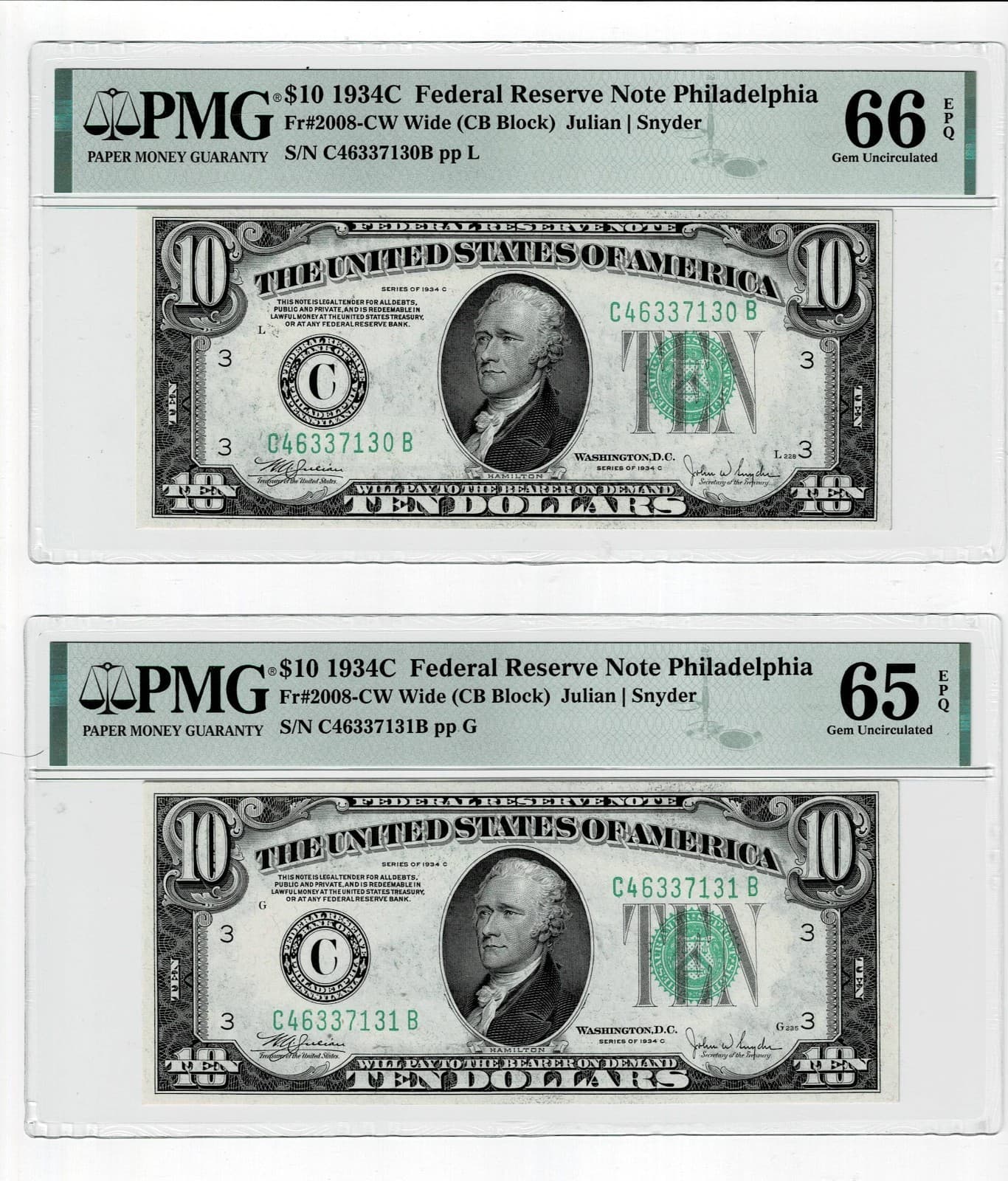 Sequential Pair of 1934-C $10 Fr. 2008-CW Wide (CB Block) PMG 65 66 PPQ