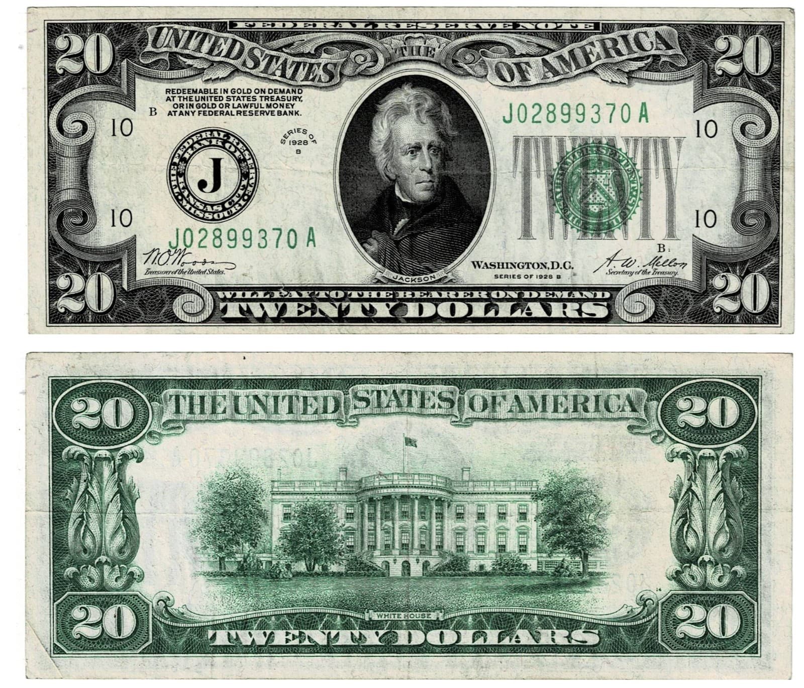 (Redeemable in Gold) 1928B $20 Federal Reserve Note KANSAS CITY — view 1