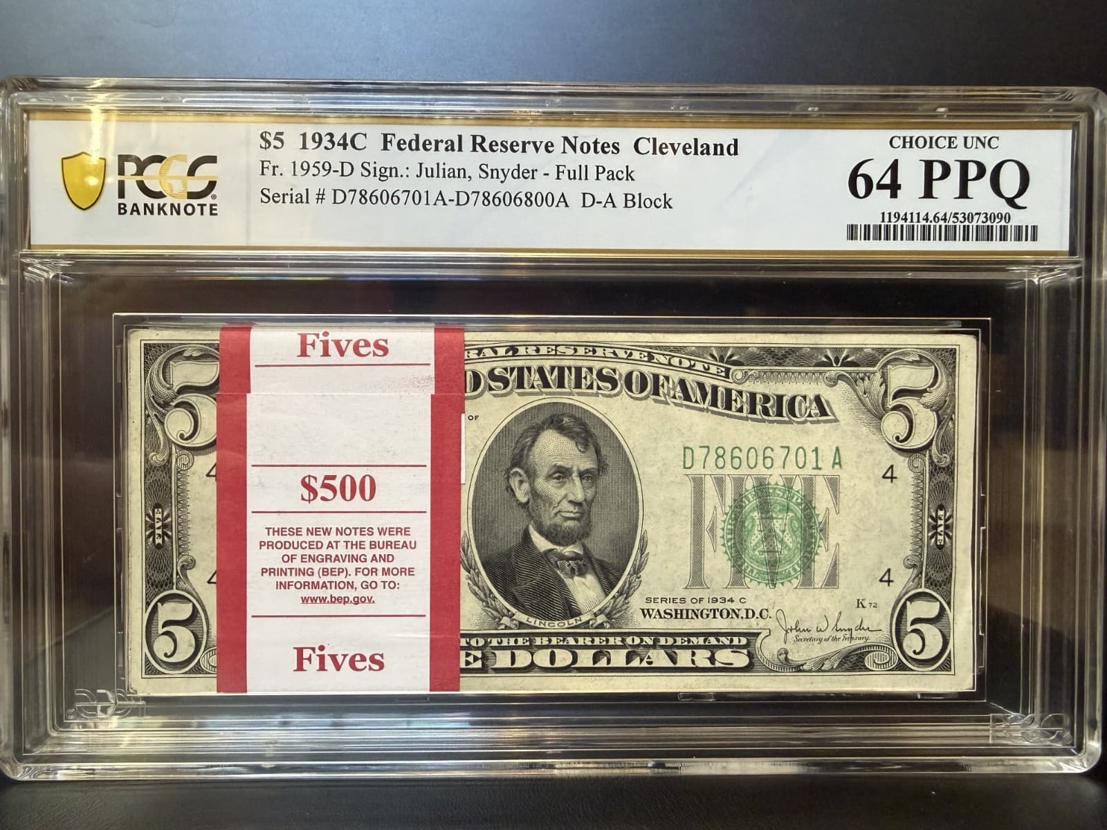 Full Pack of 1934-C $5 100 Sequential FRN GEM UNC PCGC 64 PPQ Extremely Rare — view 1