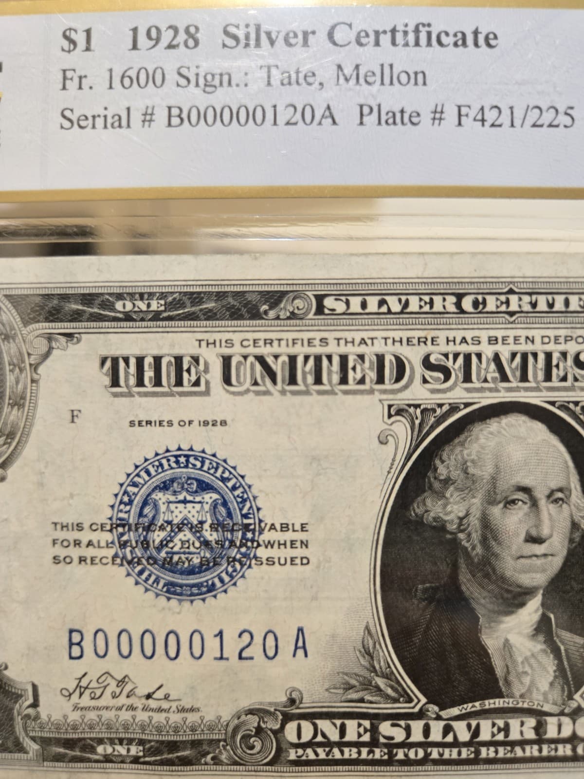 Low Serial 120 Funny Back 1928  $1 Silver Certificate UNC PCGS 64
