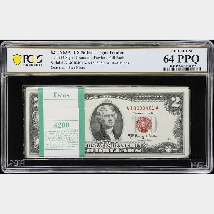 FULL Pack Of 100 Sequential 1963-A $2 Legal Tender PCGS 64 W/ 4 Stars