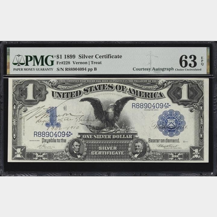 Rare Courtesy Autographed Fr. 228 $1 1899 Black Eagle PMG Gem Unc 63 EPQ!