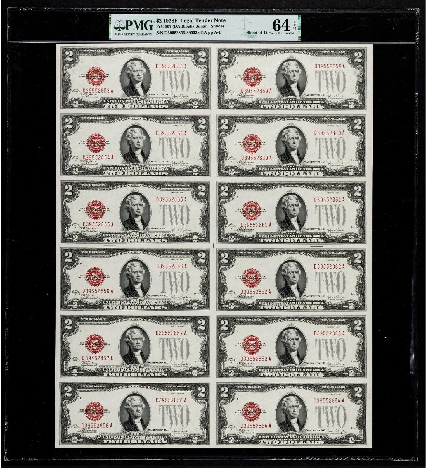 Fr. 1508 $2 1928G Legal Tender Notes. Uncut Sheet of 12. PCGS Very Choice New 64