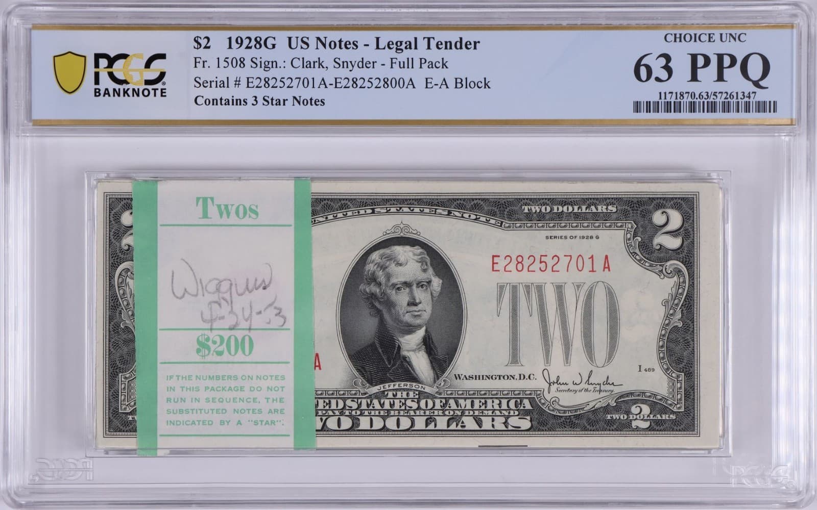 Original Pack of 100 1928G $2  Fr. 1508 Legal Tenders PCGS Choice UNC — view 1