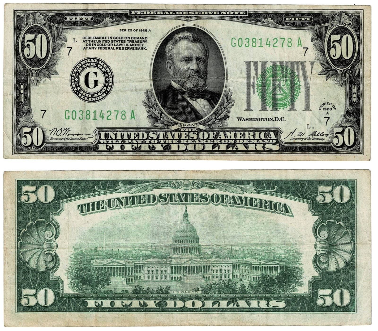 FR. 2101 G $50 1928-A Federal Reserve Note Chicago G-A Block LGS Lime — view 1
