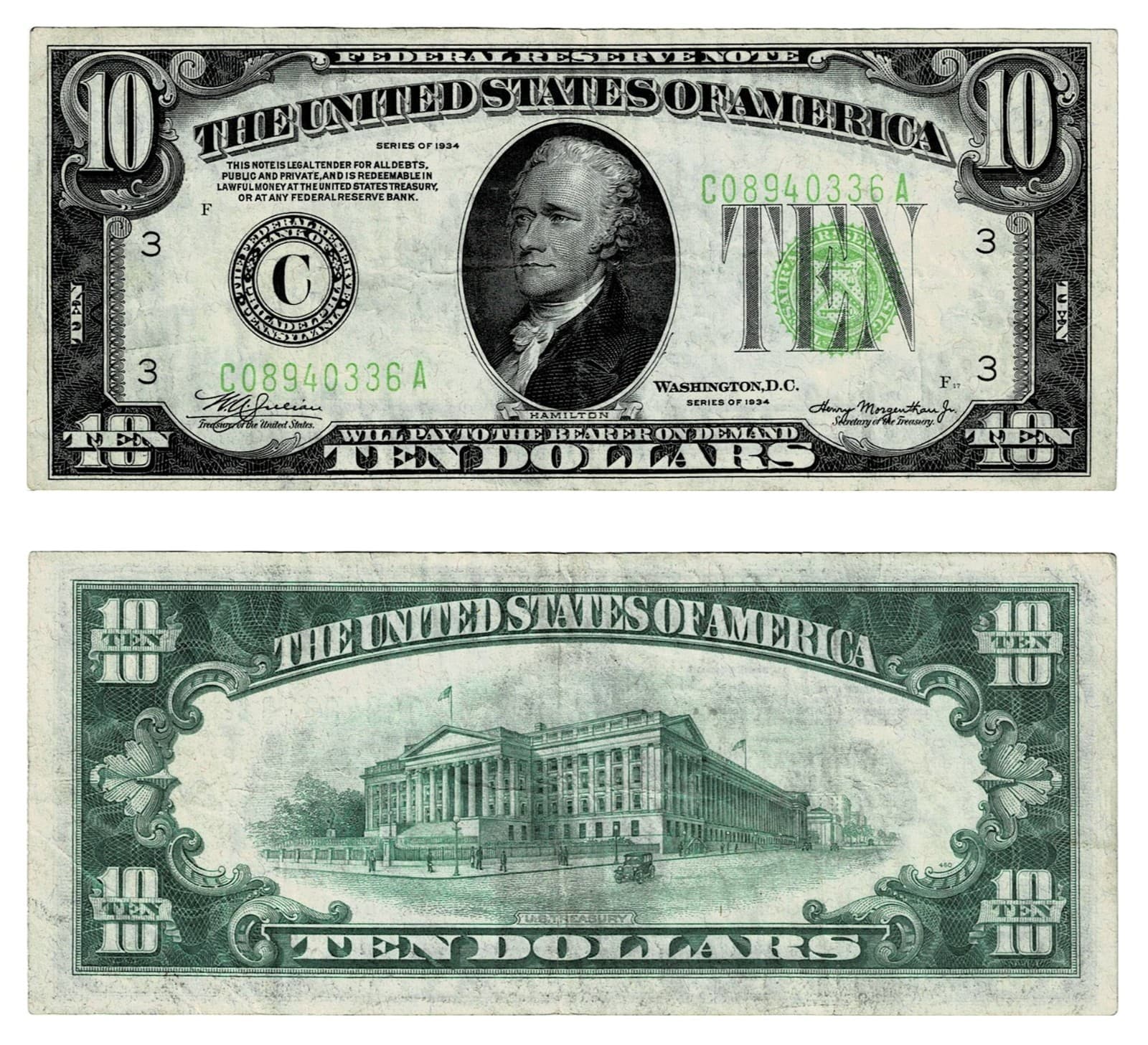 Lime🍋‍🟩Green Seal 1934 $10 FRN Philadelphia — view 1